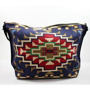 Southwest Design Unlined Cotton Stencil Tote Bag Purse Blue Red Geometric NEW